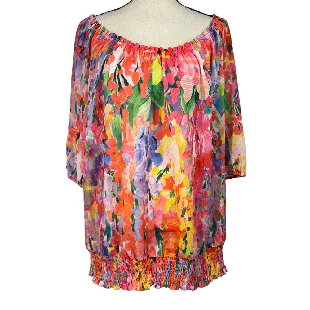 Lane Bryant SZ 18/20 Top Floral Semi-Sheer Boat Neck 3/4 Balloon Sleeves Smocked